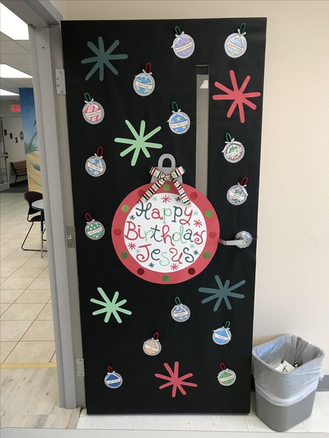 Christmas classroom door, Happy Birthday Jesus, ornament Classroom Door Decorations Christmas Decorating Ideas, Christian Christmas Doors For School, Church Christmas Door Decorations, Happy Birthday Jesus Door Decoration, Happy Birthday Jesus Bulletin Board, Christian Christmas Door Decorations, Birthday Door Decorations, Winter Classroom Door, Christmas Toy Shop