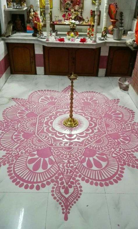 Bengali Puja Room, Lokkhi Puja Alpona, Colourful Alpona, Lokhi Puja Alpona, Laxmi Puja Alpona Design Bengali Easy, Round Alpona Design Bengali, Rangoli Painting On Floor, Alpona Design Bengali Easy Simple, Alpana Designs Bengali