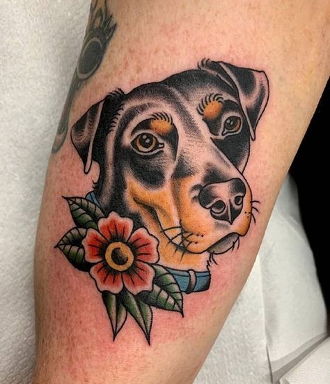 Brindle Dog Tattoo, American Traditional Pet Portrait, Traditional Rottweiler Tattoo, American Traditional Dog Portrait, Traditional Pet Portrait Tattoo, Traditional Style Dog Tattoo, Dog American Traditional Tattoo, Traditional Tattoos Dog, Trad Dog Tattoo