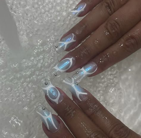 Blue Clear Nails, Chicken Dinner Aesthetic, Cybersigil Nails, Cybercore Nails Acrylic, Gojo Nails, Ocean Aura Nails, Airbrush Nails Blue, Cybercore Nails Blue, Aespa Nails