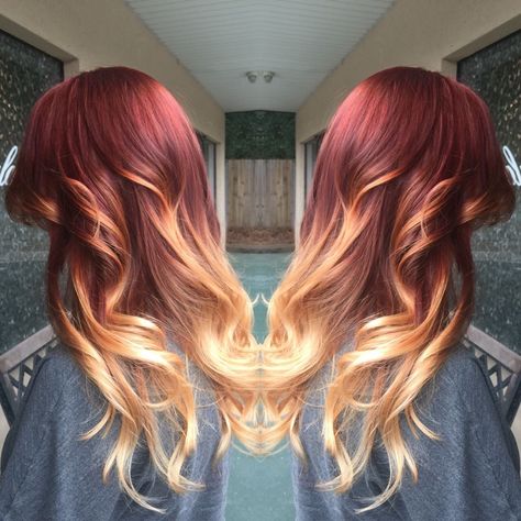 Red fiery ombre hair dye blonde ends #red #ombre #redombre #fieryhair Red Roots Blonde Ends, Blonde Roots Red Ends, Hair Dye Blonde, Ombre Hair Dye, Baddie Mood, Ethereal Hair, Dyed Ends Of Hair, Pinwheel Hair Color, Hair Perms