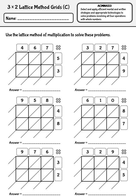 Lattice method of multiplication worksheets with Australian Curriculum codes ACMNA123 Lattice Multiplication Worksheets, Lattice Method Multiplication, Lattice Method, Lattice Multiplication, Multiplication Worksheets, Australian Curriculum, Homeschool Math, Fourth Grade, Math Worksheets