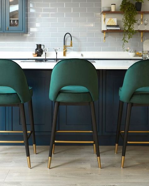 30 Stunning Green Kitchen Ideas That Youll Want to Copy Now Townhouse Decor, Modern Kitchen Stools, Modern Bar Stools Kitchen, Mid Century Bar Stools, Green Kitchen Island, Green Bar Stools, Bar Stools Kitchen Island, Green Bar, Luxury Bar