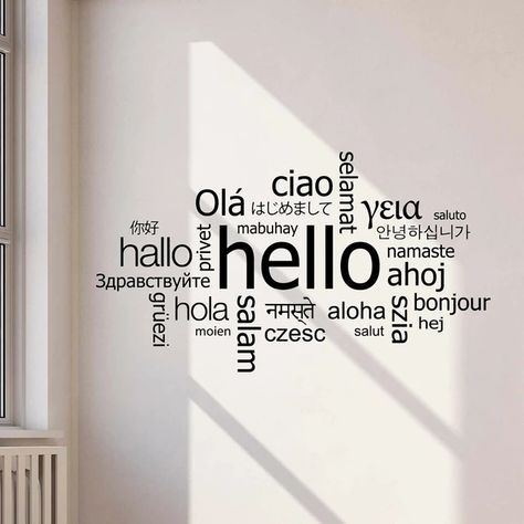 Welcome Sign Office, Hello In, Hello In Different Languages, Office Gift Ideas, Work Office Ideas, Bedroom Decor Art, Retail Branding, Wall Painting Living Room, Living Room Playroom