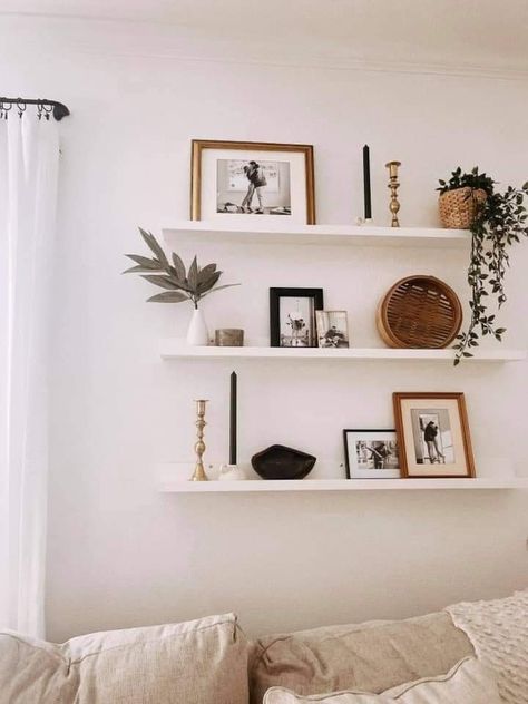 Bedroom Decor Ideas Shelves, Wooden Shelf Decor Bedroom, Floating Shelf With Photos, Floating Shelf Decor Hallway, Bonus Room Ideas Small, 3 Shelf Wall Decor, White Shelf Decor Living Room, Small Floating Shelf Decor, Floating Shelf In Bedroom