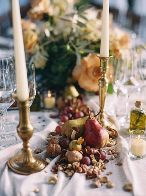 golden candlesticks with fruity details as part of the centerpiece Industrial Wedding Inspiration, Wedding Ideas On A Budget, Fall Wedding Ideas, Urban Wedding Venue, Elegance Wedding, Silver Oak, French Elegance, Reception Centerpieces, Today Is My Birthday