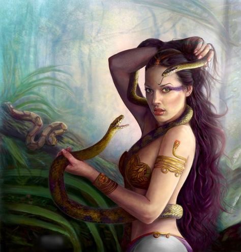 Uto’s themes are ecology , nature and magic. Her symbols are green items and snakes.  This ancient Egyptian Goddess bears a name that means ‘green one’. She embodies the earth’s regenerative force, specifically in its vegetation. Medusa Pictures, Goddess Spirituality, Snake Goddess, Medusa Gorgon, Medusa Art, Ancient Egyptian Goddess, Snake Girl, Witch Craft, Digital Art Gallery