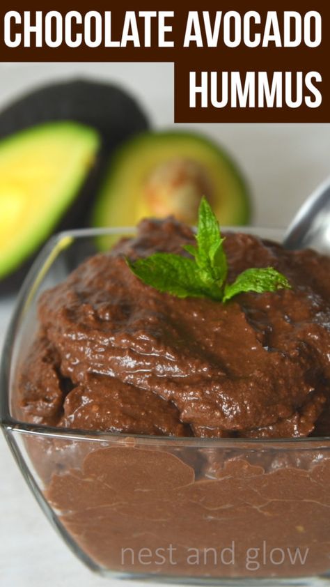 Chocolate avocado hummus is loaded with heart healthy fats and contains over two portions of fruit / veg. The perfect dessert to eat just with a spoon or on crackers. High in plant protein, nutrition, and fiber. #healthyrecipe #healthylifestyle #veganrecipe #protein #healthydessert Dark Chocolate Hummus, Dessert Hummus Recipe, Hummus Healthy, Avocado Hummus Recipe, Heart Healthy Desserts, Dark Chocolate Desserts, Recipes Avocado, Healthy Hummus, Hummus Recipes