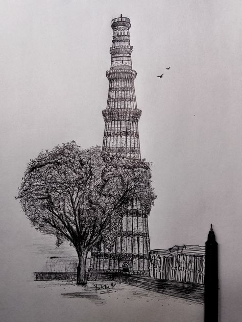 #qutubminar #delhi #pensketch #drawing #artbyyuktee Qutub Minar Sketch, Qutub Minar Drawing, Delhi Drawing, Delhi Monuments, Qutub Minar, Pencil Drawing Images, Pen Art Work, India Architecture, Travel Art Journal