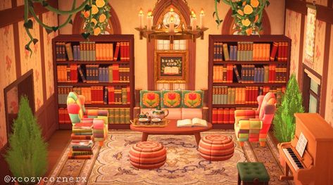 Animal Crossing Library Indoor, Library Room Acnh, Acnh Book Store Design, My Relaxing Reading Room Animal Crossing, Acnh Library Ideas Indoor, Acnh Mushcore, Acnh Book Store, Acnh Library Ideas, Animal Crossing Library