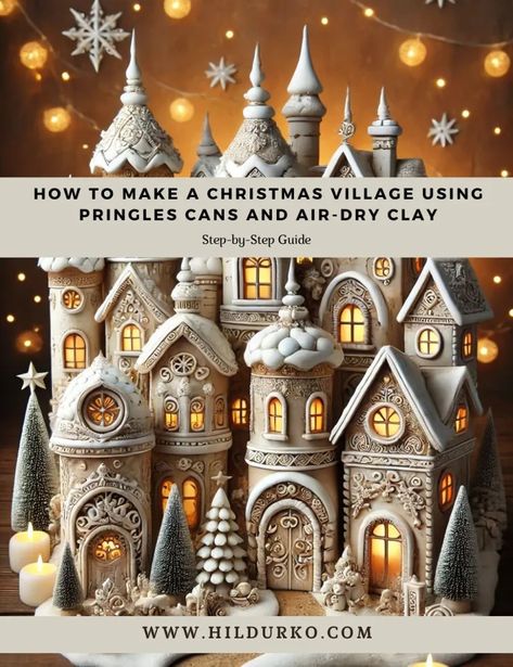 How to Make a Christmas Village Using Pringles Cans and Air-Dry Clay - Colorful Conversations: HildurKO's Visual Journal Christmas Gnome Village, Air Dry Clay Xmas Ideas, Air Dry Clay Christmas Village, Diy Christmas Village Houses Clay, Air Dry Christmas Decorations, Clay Christmas Village Diy, Big Christmas Decorations Diy, Air Dry Clay Gingerbread House, Air Dry Clay Christmas Projects