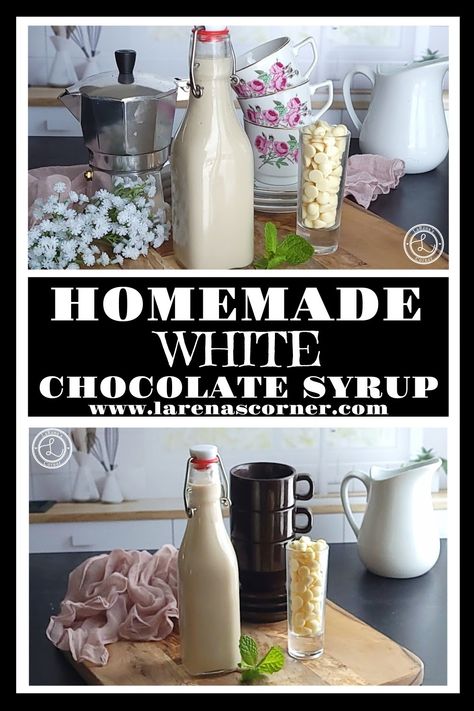 Top: A close up of Homemade White chocolate Syrup a tall shot glass of white chocolate chips. Bottom; A bottle of syrup with a small glass of chocolate chips. Chocolate Syrup Recipe, Homemade White Chocolate, Chocolate Syrup Recipes, White Chocolate Syrup, Condensed Coconut Milk, Vegan White Chocolate, Chocolate Pairings, White Chocolate Mocha, White Chocolate Bar