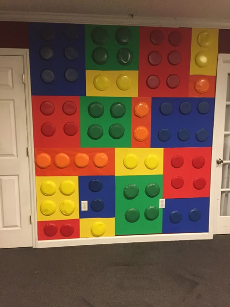 Lego Hallway Decorations, Lego Themed Bulletin Boards, Diy Lego Wall Decor, Lego Classroom Door, Lego Classroom Decorations, Lego Theme Classroom Decor, Lego Painted Wall, Lego Wall Decor, Lego Bulletin Board