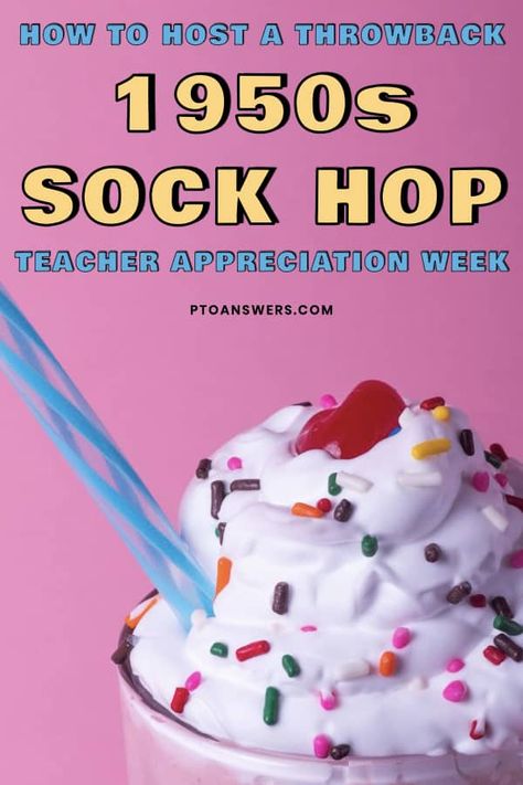 Don the cat eye glasses, poodle skits, jeans and leather jackets for a soda counter, sock hop 1950s themed teacher and staff appreciation week! Your teachers will really go wild for this throwback theme and you'll especially love all of the fantastic 50s ideas rounded up in this post with an entire week of activities, decoration and teacher gift ideas! Sock Hop Activities, Sock Hop Decorations, Appreciation Themes, Teacher Appreciation Week Themes, Teacher Appreciation Luncheon, Pta Events, 50s Sock Hop, 50s Theme, Teacher Appreciation Themes