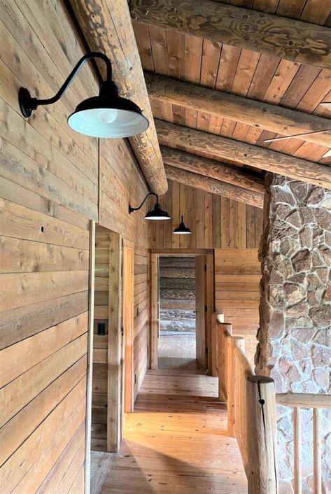 Authentic American-Made Lighting Enhances Log Cabin Reno Barn Lighting Interior, Log Cabin Homes Interior, Log Cabin Renovation, Cabin Renovation, Old Cabin, Barn Light Electric, Rustic Log Cabin, Barn Light, Barn Lighting