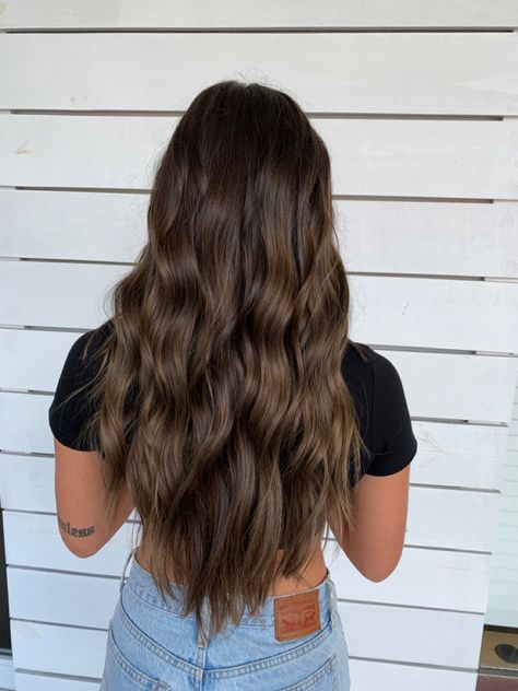 Light Brown Hair No Highlights Natural, Long Hair Styles With Layers Brunette Caramel Highlights, Light Brunette Hair Solid, Solid Cool Brown Hair, Brown Hair With No Red Tones, Natural Burnett Hair, Brown Hair With No Highlights, Long Brown Hair Inspiration, Brown Eyes Best Hair Color