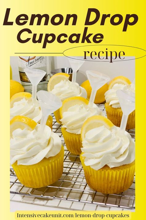 Lemon Drop cupcakes; yellow lemon cupcakes decorated with lemon cream cheese buttercream and topped with a lemon wedge and Lemon Drop pipettes Infused Cupcakes Recipes, Lemon Drop Cupcakes, Booze Cupcakes, Boozy Cupcakes Recipes, Alcohol Infused Cupcakes, Vodka Lemon, Lemon Cupcake Recipe, Infused Cupcakes, Cupcake Recipes From Scratch