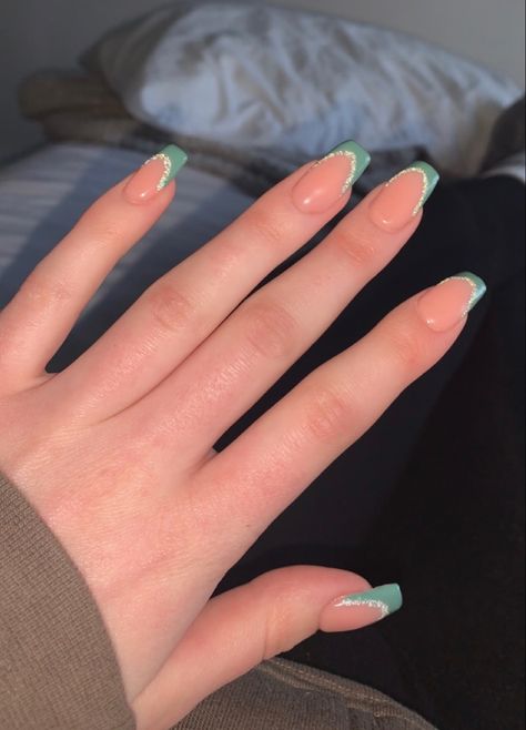 Cute Nails To Match Green Dress, Nails That Match Sage Green Dress, Prom Nail Ideas Square, Sage Green Nail Ideas Square, Sage Green French Tip Nails Coffin, Back To School Nails Green, Nails For 5th Grade Graduation, March Nails Ideas Square, Blue Green Prom Nails