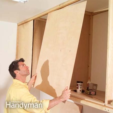 Garage Cabinets Diy, Do It Yourself Garage, Garage Cupboards, Plywood Doors, Sliding Cabinet, Cabinet Woodworking Plans, Sliding Cabinet Doors, Garage Storage Ideas, Large Garage