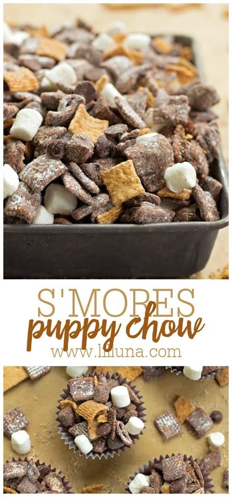 S'mores Puppy Chow is filled with chocolate, chex cereal, golden grahams and marshmallows. It's easily one of the best grab and go treats! #smorespuppychow #puppychow #puppychowrecipe #smores #desserts Smores Desserts, Smores Bar, Golden Grahams, Puppy Chow Recipes, Best Treats, Chex Mix Recipes, Snack Mixes, Muddy Buddies, Snack Mix Recipes