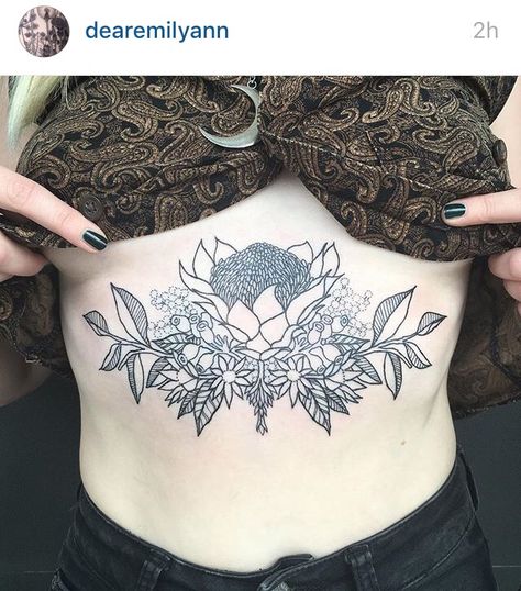 australian flora sternum tattoo | artist: emily ann (insta: dearemilyann) Tattoo Artists Aesthetic, Tattoo Artist Quotes, Tattoo Artist Tips, Artists Aesthetic, Artists Quotes, Tattoos 2023, Bush Flowers, Artists At Work, Australian Tattoo