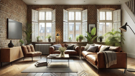 London apartment with white shutter, brown leather sofa, and exposed brick wall. Cosy Family Room, White Shutters, Brown Leather Sofa, London Flat, Brick Walls, London Apartment, Exposed Brick, Brick Wall, Leather Sofa