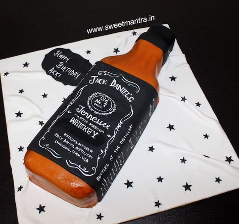 Jack Daniels whiskey bottle shaped 3D cake for friend's birthday by Sweet Mantra - Customized 3D cakes Designer Wedding/Engagement cakes in Pune - http://cakesdecor.com/cakes/332109-jack-daniels-whiskey-bottle-shaped-3d-cake-for-friend-s-birthday Booze Cake, Jack Daniels Cake, Small Birthday Cakes, Jack Daniels Bottle, Whiskey Cake, Truffle Cake, Chocolate Truffle Cake, Bottle Cake, Baking 101