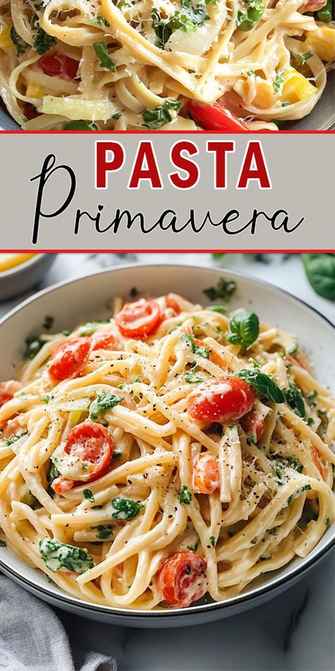 Pasta Primavera Ingredients:

12 oz. fettuccine or spaghetti
1 zucchini, sliced
1 yellow squash, sliced
1 bell pepper, julienned
1/2 cup cherry tomatoes, halved
1/2 cup asparagus, cut into 2-inch pieces
1/2 cup peas (fresh or frozen)
2 tablespoons olive oil
3 cloves garlic, minced
1/4 teaspoon red pepper flakes
1/2 cup heavy cream
1/4 cup grated Parmesan cheese
Salt and pepper to taste
Fresh basil for garnish

#pasta #easyrecipes Pasta With Roasted Veggies, Spaghetti With Vegetables Recipes, Alfredo Primavera Pasta, Spaghetti Veggie Recipes, Creamy Pasta With Zucchini, Yellow Squash Pasta Recipes, Easy Pasta Primavera Recipes, Pasta With Fresh Tomatoes And Basil, Vegetable Heavy Dinners