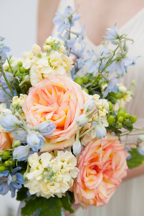 Sky Blue And Peach Wedding Theme, Coral And Blue Wedding Flowers, Peach And Blue Wedding Flowers, Blue Peach Wedding, Blue Coral Weddings, Bridal Bouquet Peach, Fifty Flowers, Coral Wedding Flowers, Peach Bouquet