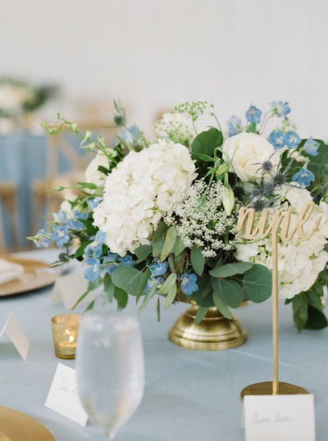 Farm tables, white wood cross back chairs and dusty blue linens with simple floral and candle centerpieces created a soft and romantic feel for their reception. - Blue & Ivory Wedding - Reception - White Barn - The Grand Ivory - McKinney, Texas - Wedding Planner - Each & Every Detail Blue Wedding Centerpieces, Blue Centerpieces, White Centerpiece, Blue Themed Wedding, Blue Wedding Flowers, Reception Flowers, Wood Cross, Farm Tables, Dusty Blue Weddings