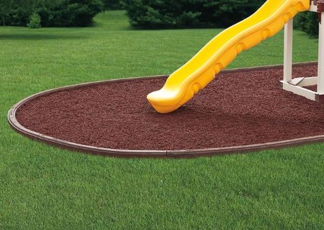 heavy-duty rubber playground mulch and curbing Black Rubber Mulch, Playset Landscaping, Playground Rubber Mulch, Playground Mulch, Outside Playground, Rubber Playground, Backyard Playset, Rubber Mulch, Wooden Playground