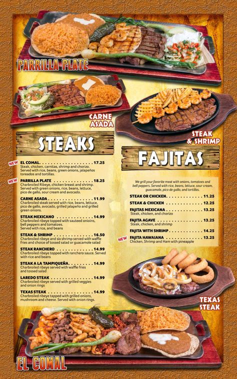 Agave Mexican Restaurant menu in Mt Vernon, Illinois, USA Mexican Restaurant Menu Ideas, Mexican Menu Ideas, Mexican Restaurant Menu Design, Mexican Menu Design, Mexican Restaurant Menu, Mexican Poster, Resturant Menu, Mexican Food Menu, Carne Asada Steak