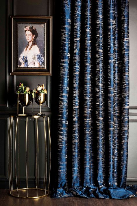 Luxury Curtains Bedroom, Blue And Gold Curtains, Gold Curtains Living Room, Blue Curtains Living Room, Blue And Gold Living Room, Dark Blue Curtains, Modern Roller Blinds, Gray Curtains, Navy Blue Curtains