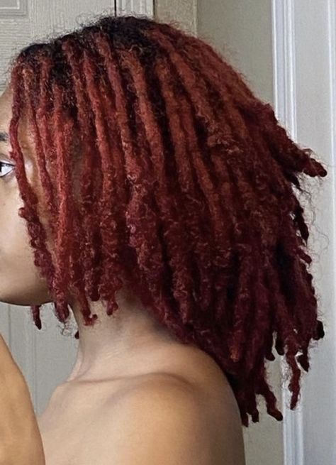 Red Short Locs, Dark Red Locs Black Women, Copper Red Locs, Dark Red Locs, Red Locs Black Women, Loc Aesthetic, Burgundy Locs, Colorful Locs, Girl Locs