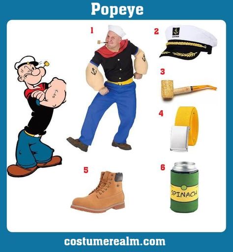 Popeye the Sailor Man Popeye The Sailor Man Costume, Popeye And Olive Oil Costume, Couple Customes, Popeye Halloween Costume, Popeye Costume, Expo Ideas, Captain Costume, Popeye And Olive, Sailor Costume