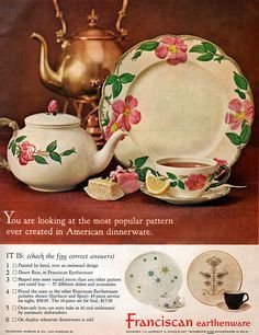 Vintage plate and teaset ad (1960s) Desert Rose Dishes, Dessert Rose, Franciscan Ware, Franciscan Desert Rose, Vintage Dishware, Antique Dishes, Spice Tea, China Dishes, Magazine Ad