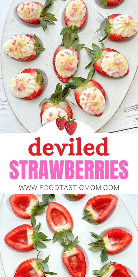 Try filling your deviled egg platter with juicy strawberries! This yummy dessert combines fresh berries with a creamy cheesecake filling. via @foodtasticmom Deviled Strawberries, Egg Platter, Fresh Strawberry Recipes, Deviled Egg Platter, Easter Appetizers, Easter Desserts Recipes, Cheesecake Filling, Deviled Egg, Yummy Dessert