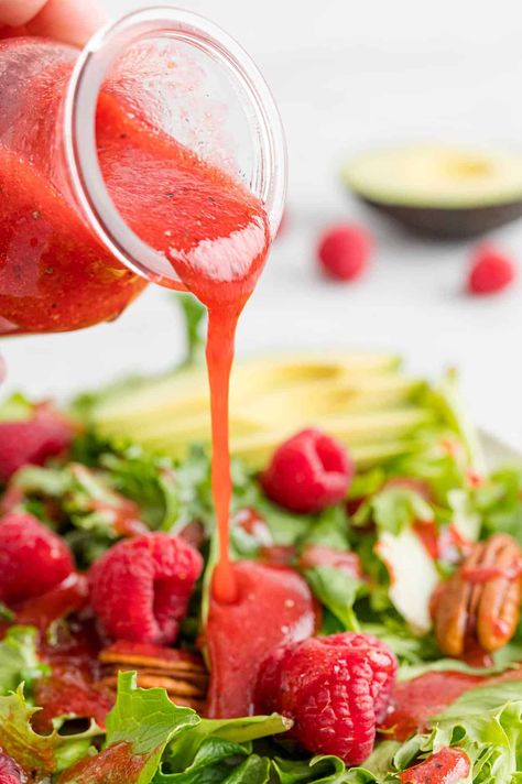 Enliven your salads with the tart juicy flavor of homemade raspberry vinaigrette. It will quickly become a summer time favorite! Healthy Homemade Salad Dressing Recipes, Raspberry Vinaigrette Recipe, Raspberry Vinaigrette Dressing, Raspberry Vinaigrette Salad, Raspberry Salad, Homemade Salad Dressing Healthy, Vinaigrette Dressing Recipe, Vinaigrette Salad, November 01