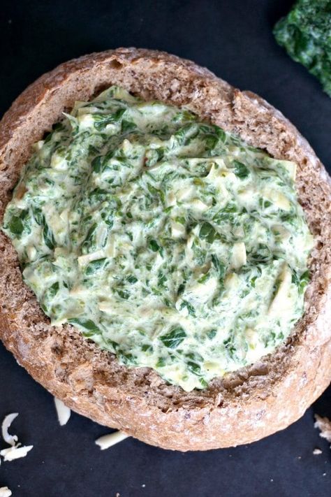 Overhead shot of a bread bowl of stove top simple spinach and artichoke dip Spinach And Artichoke Dip, Artichoke Dip Recipe, Thanksgiving Dinner Recipes, Delicious Appetizer Recipes, Bread Bowl, Superbowl Party Food, Spinach Artichoke Dip, Thanksgiving Appetizers, Artichoke Dip