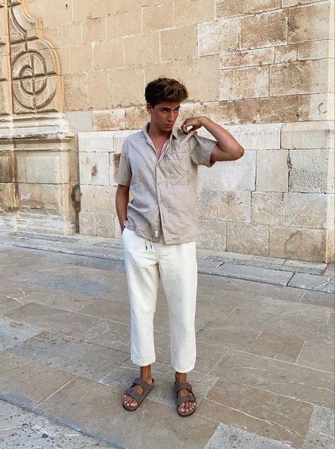 Linen Male Outfit, Rome Italy Outfits Men, Male Beach Outfit, Mens Linen Pants Outfit, Linen Men Outfit, Linen Pants Outfit Men, Linen Outfit Men, Birkenstock Outfit Men, Beachy Fits