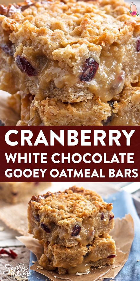 You will love these easy homemade baked Cranberry White Chocolate Fudgy Oatmeal Bars because they are so soft and chewy with a delicious layer of dried cranberries and white chocolate fudge wedged in between! This is the best recipe to add to your holiday baking! Chewy Oatmeal Bars, White Chocolate Oatmeal, Chocolate Oatmeal Bars, Cranberry White Chocolate, Oatmeal Cookie Bars, Cranberry Bars, White Chocolate Fudge, White Chocolate Cranberry, Chocolate Oatmeal