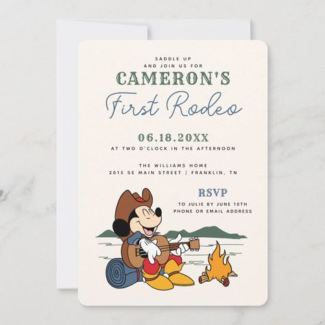 Mickey & Friends | Cowboy Rodeo Birthday Invitation Farmer Mickey Birthday Party, Mickey Cowboy Birthday, Cowboy Mickey Mouse Party, Rodeo Birthday Invitations, Mickey Mouse Party Decorations, Mickey Mouse Birthday Theme, Baby First Birthday Themes, Rodeo Birthday Parties, Mickey Mouse Birthday Invitations