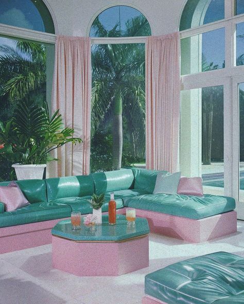 Vintage Miami Aesthetic, Liminal Vaporwave, 80s Miami Aesthetic, Retro Places, Clown House, 80s Apartment, Miami 80s, 80’s Decor, Vaporwave 80s