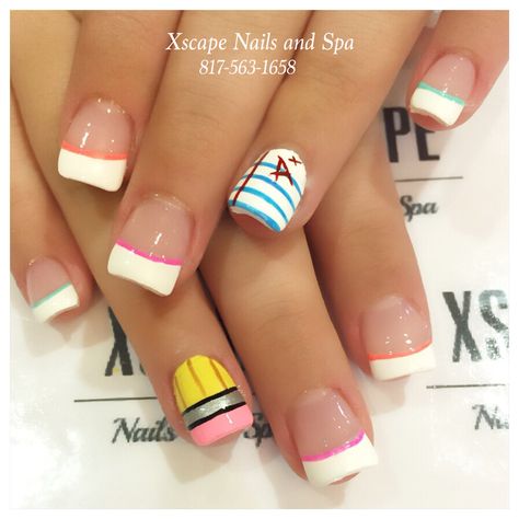 Back to school nails School Theme Nails, Crayon Nails Designs, Teacher Nails Designs Back To School, School Themed Nails, Math Nails, First Day Of School Nails Acrylic, Back To School Nails For Teachers, Teacher Nail Designs, Teacher Nails Designs