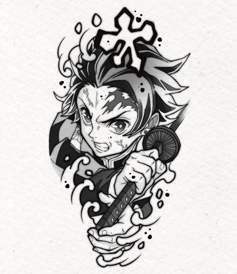 Asta Black Clover Tattoo Design, Anime Lineart Tattoo, Demon Slayer Tanjiro Tattoo, Tanjiro Tattoo Design, Anime Tattoo Stencil, Medium Size Tattoo, Kimetsu No Yaiba Tattoo, Demon Slayer Tattoo Ideas, 29 Tattoo