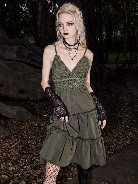 Army Green Casual Collar Sleeveless Woven Fabric Plain Cami Embellished Non-Stretch  Women Dresses Dark Green Dress Floral, Goth Dresses Casual, Gothic Green Outfit, Dark Green Goth Outfit, Soft Grunge Dress, Goth Dress Casual, Green Dress Grunge, Green Goth Dress, Goth Cottagecore Outfits