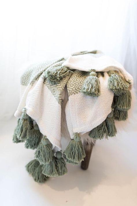 Texture Decor, Blanket With Tassels, Braided Crown, Thread Tassels, Textured Decor, Tassel Blankets, Green Throw Blanket, Dorm Furniture, Chair Couch