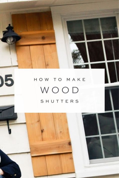 Make Your Own Shutters How To Build, Wood Shutters On Mobile Home, Board And Batten Shutters Diy, Faux Cedar Shutters, How To Build Wood Shutters, Oak Shutters Exterior, White Vinyl House With Wood Shutters, Easy Shutters Diy, How To Make Wooden Shutters