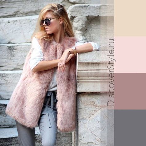 Pink Fur Vest Outfit, Fur Vest Outfits, Pink Fur, Pink Faux Fur, Autumn Street Style, Faux Fur Vests, Vest Outfits, Fur Fashion, Grey Pants