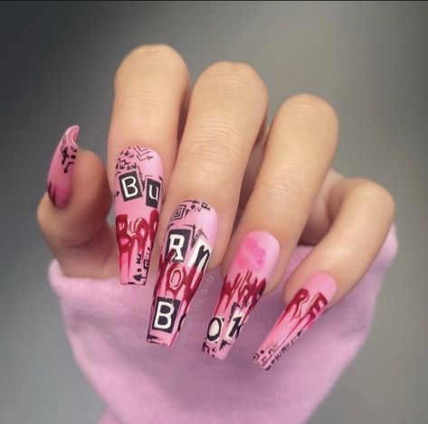 Pink Anime Nails, Mean Girls Nails Ideas, Burn Book Nails, Mean Girls Nails, Book Nail Art, Birthday Nail Designs, Holloween Nails, Colors Nails, Acrylic Nail Shapes